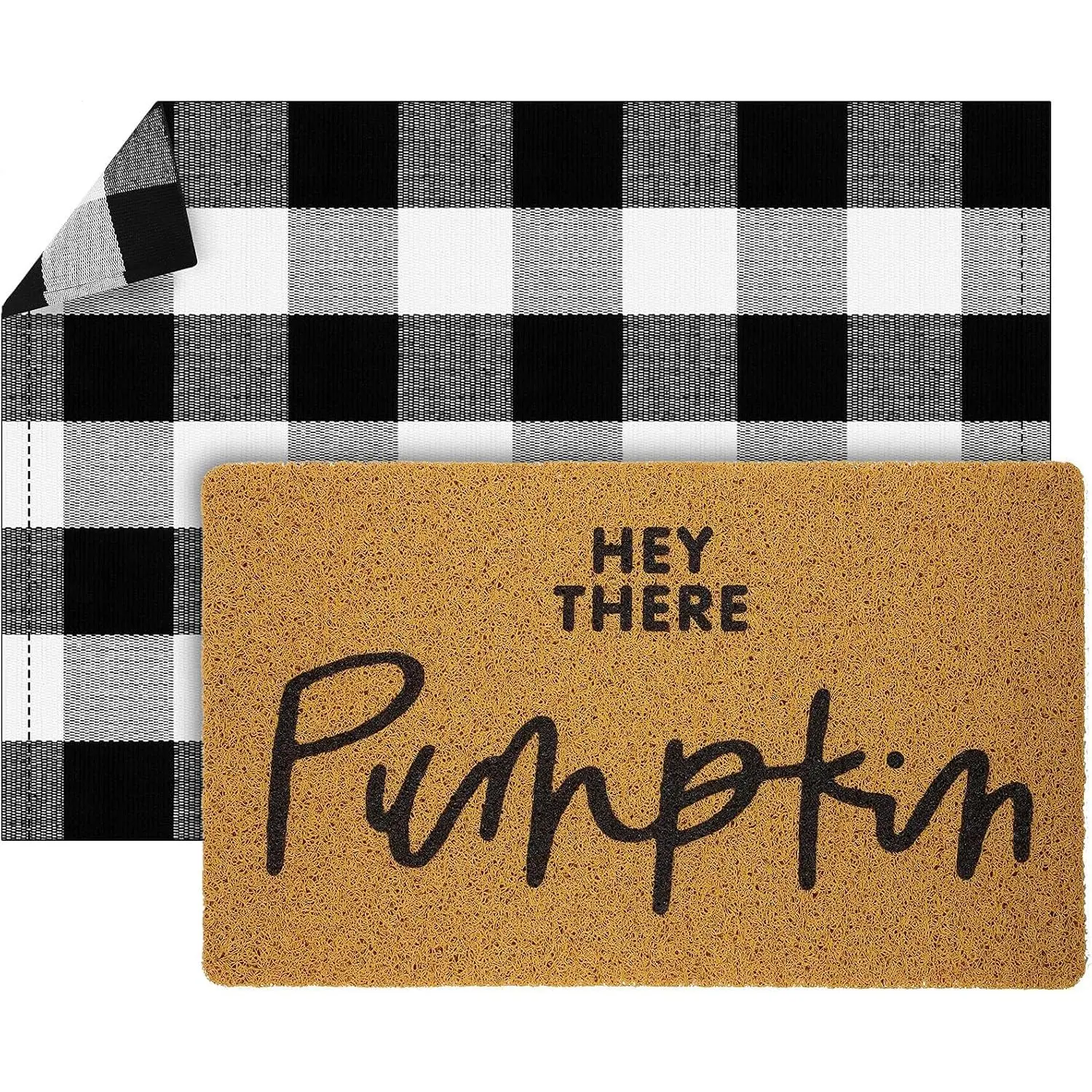 2 count Fall Thanksgiving Welcome Doormat 17"x30" Hey There Pumpkin Doormat 24"x35" Black White Buffalo  Floor Mat for Front Door, Porch, Indoor Outdoor Decor