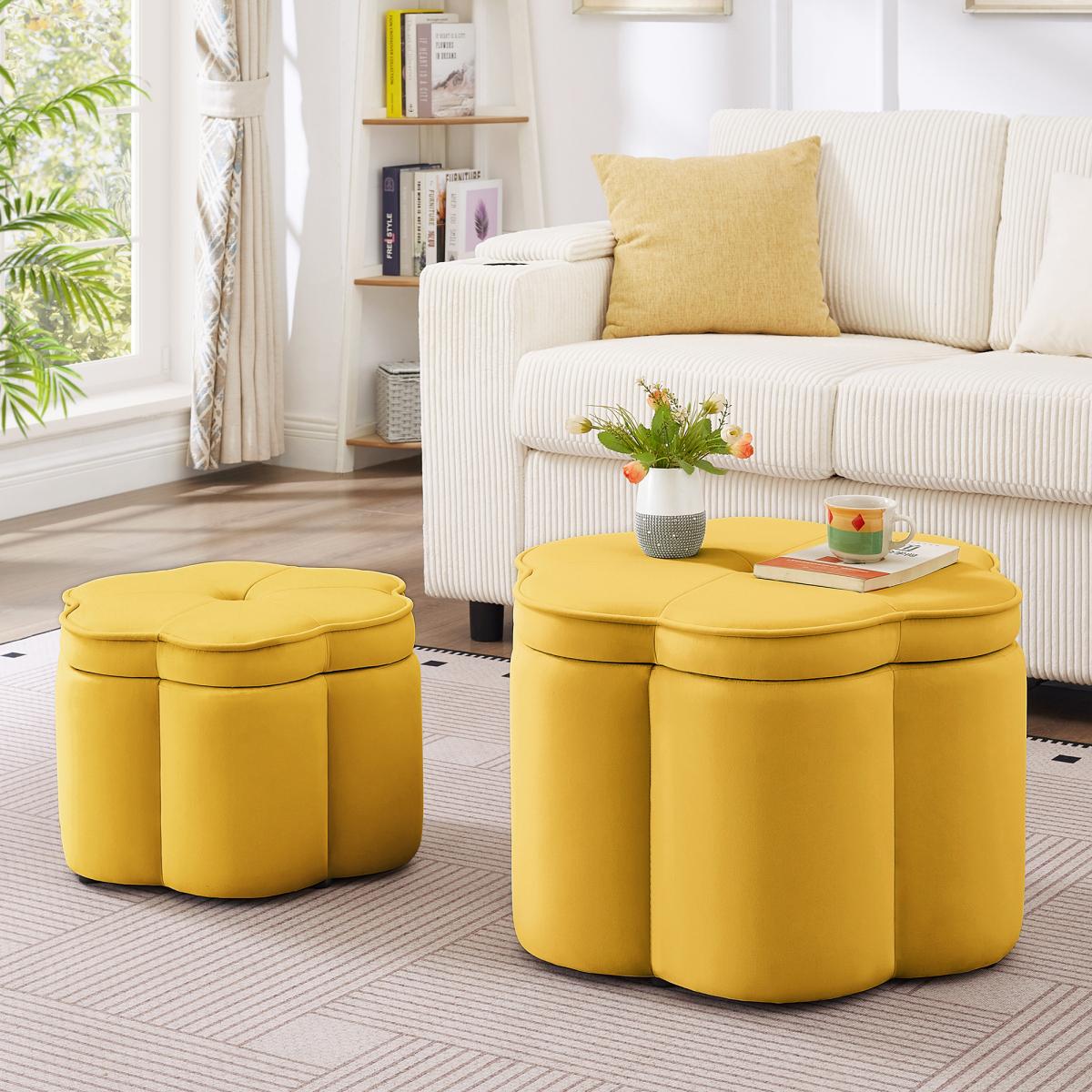 Set of 2 Ottoman with Storage,Flower Shape Petal Ottoman,Upholstered Velvet Storage Ottoman Bench,for for Living Room, Living Room and Entryway