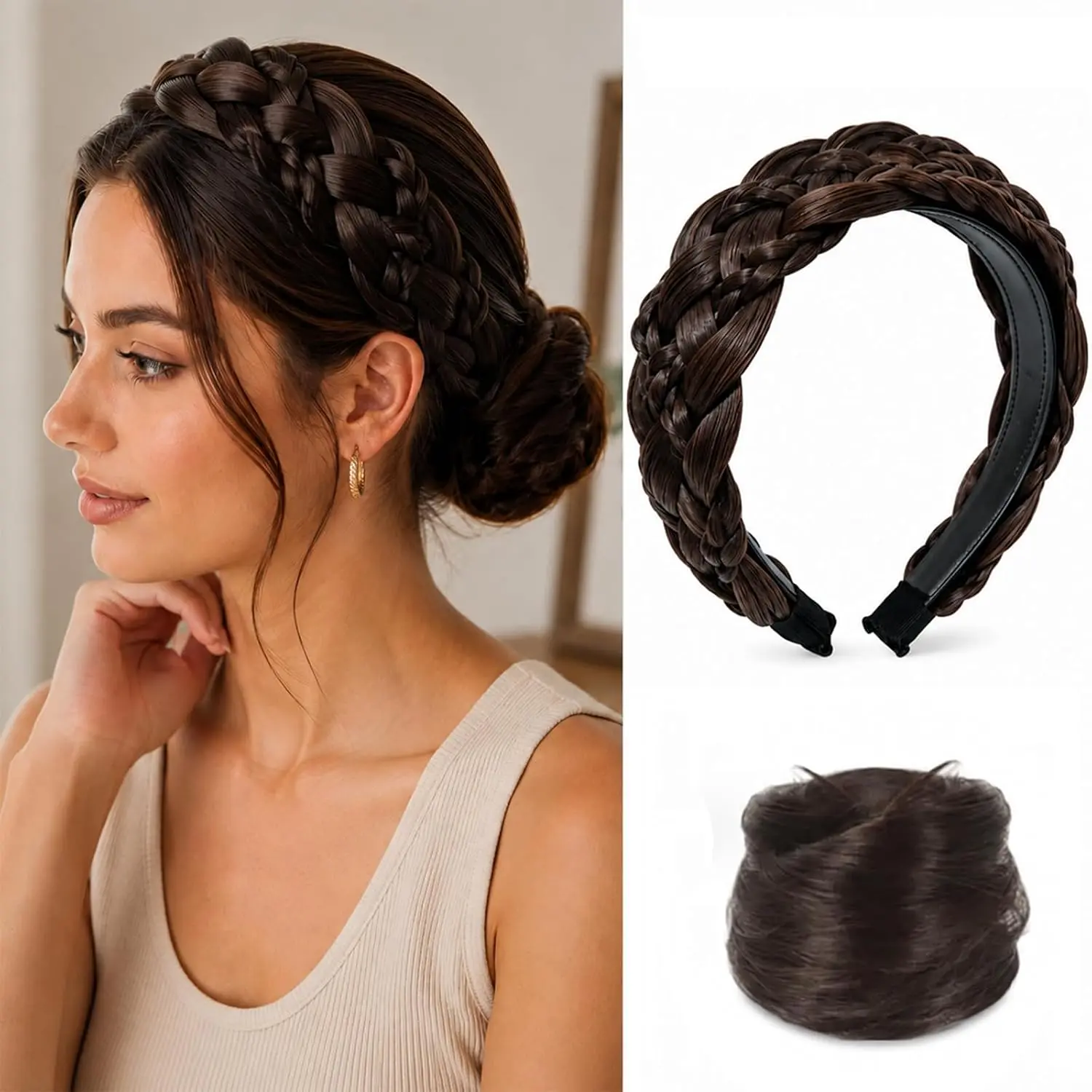 Braided Headband & Straight Hair Scrunchie Set, Volume-Boosting Synthetic Hair Braid Headband with Non-Slip Grip, Elastic Hair Tie for Women’s Daily Wedding Party Hairstyle Accessories (Dark Brown)