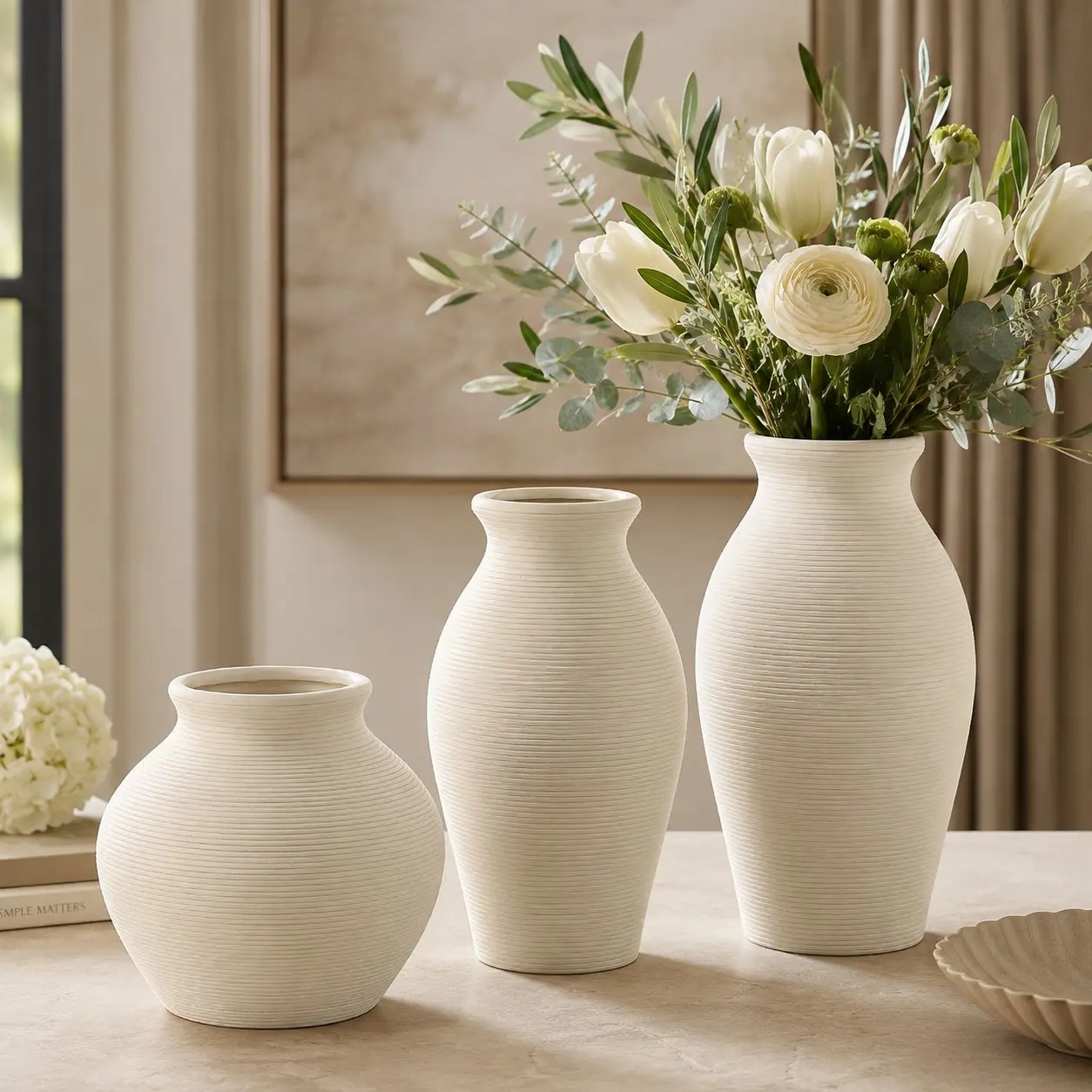 Organic Textured Cream Ceramic Vase, Handcrafted Look Ribbed Pottery, Modern Boho Minimalist Tabletop Sculpture, Elegant Single Stem Flower Holder for Zen Home Styling (Choose Your Height)