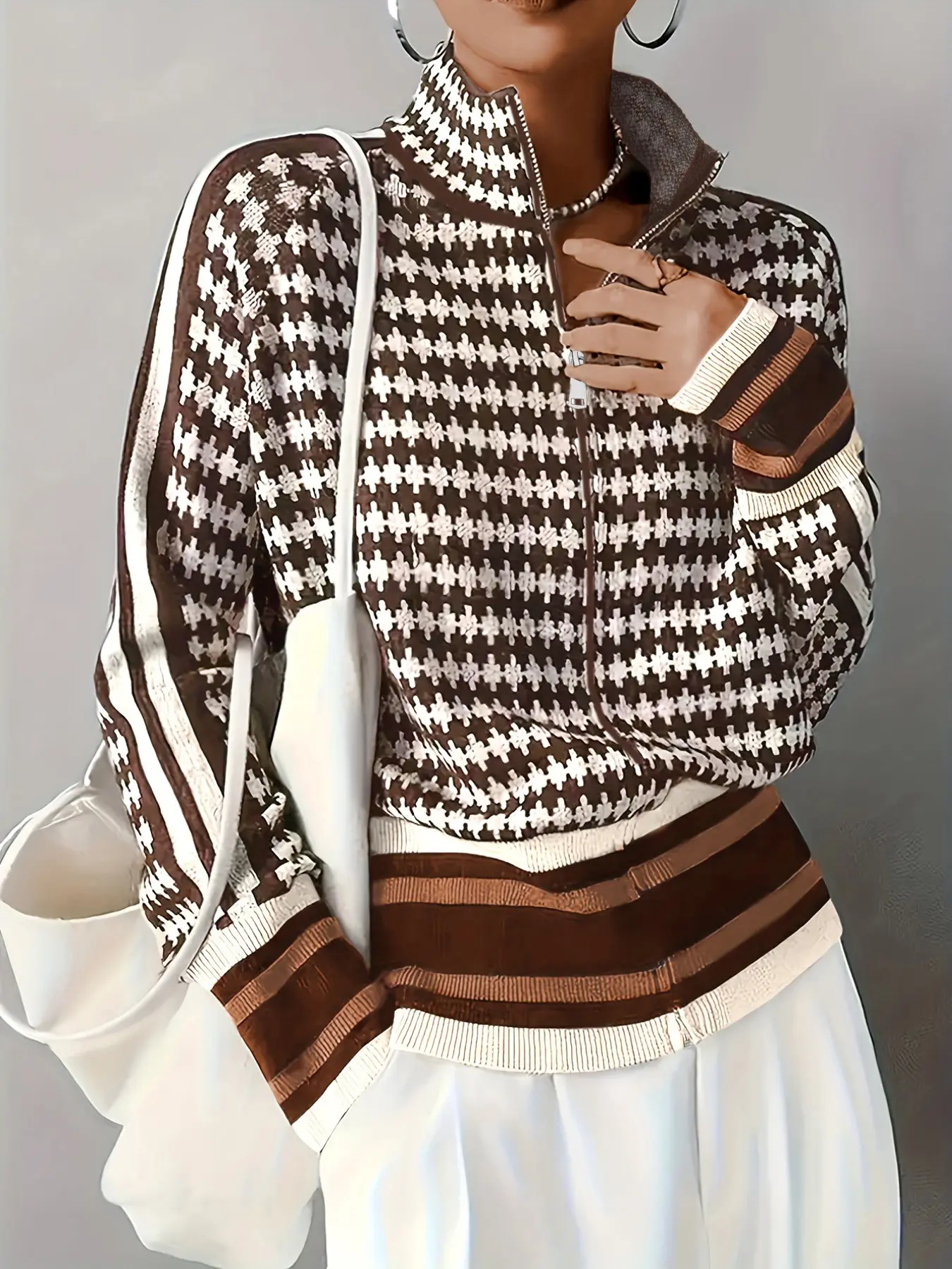 Autumn Winter Fashion New Full Houndstooth Pattern Zipper Women's Knitwear Stand Collar Long Sleeve Cardigan Coat, Stylish Everyday Outerwear for Cold Weather