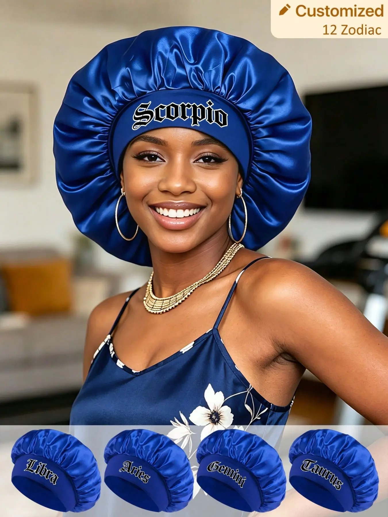 1PC Royal Blue Satin Sleep Bonnet, Lightweight Hair Care Cap, Custom 12 Constellation & Letter Adult Hair Wrap With Loose Elastic Band, Ideal For Curly Hair Protection During Sleep, Home Trips And Daily Skincare