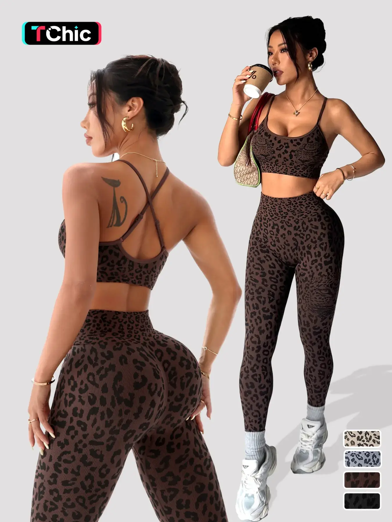 Women's Spring Summer Leopard Print Two-Piece Set, Fitted Sportswear Set, Matching Bodycon Athletic Workout Set, Adjustable Straps Backless Top + High Waist Tummy Control Nine-Point Tight Yoga Pants