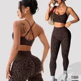 【Black Friday】Women's Summer Leopard Print Two-Piece Set, Criss Cross Adjustable Straps, High Waist Tight Bottoms, Sporty Yoga Fitness Wear, Sporty Suit