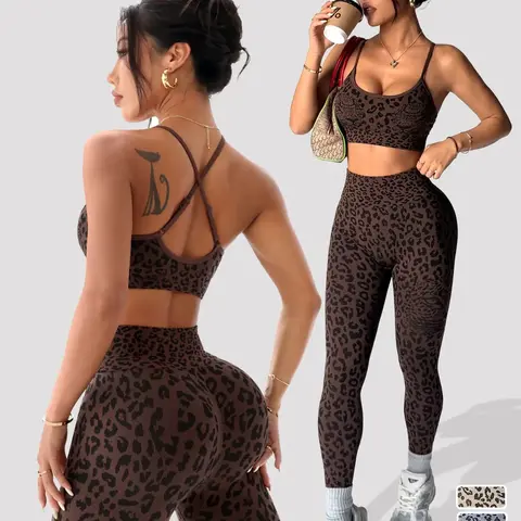Women's Summer Leopard Print Two-Piece Set, Criss Cross Adjustable Straps, High Waist Tight Bottoms, Sporty Yoga Fitness Wear, Sporty Suit