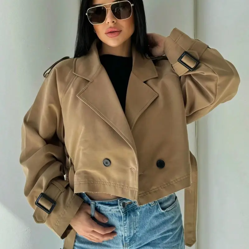 Women's Vintage Cropped Trench Jacket Coats, Double-Breasted Notched Lapel with Belted Waist and Buckled Cuff Straps, Long-Sleeve Casual Outerwear for Spring & Fall