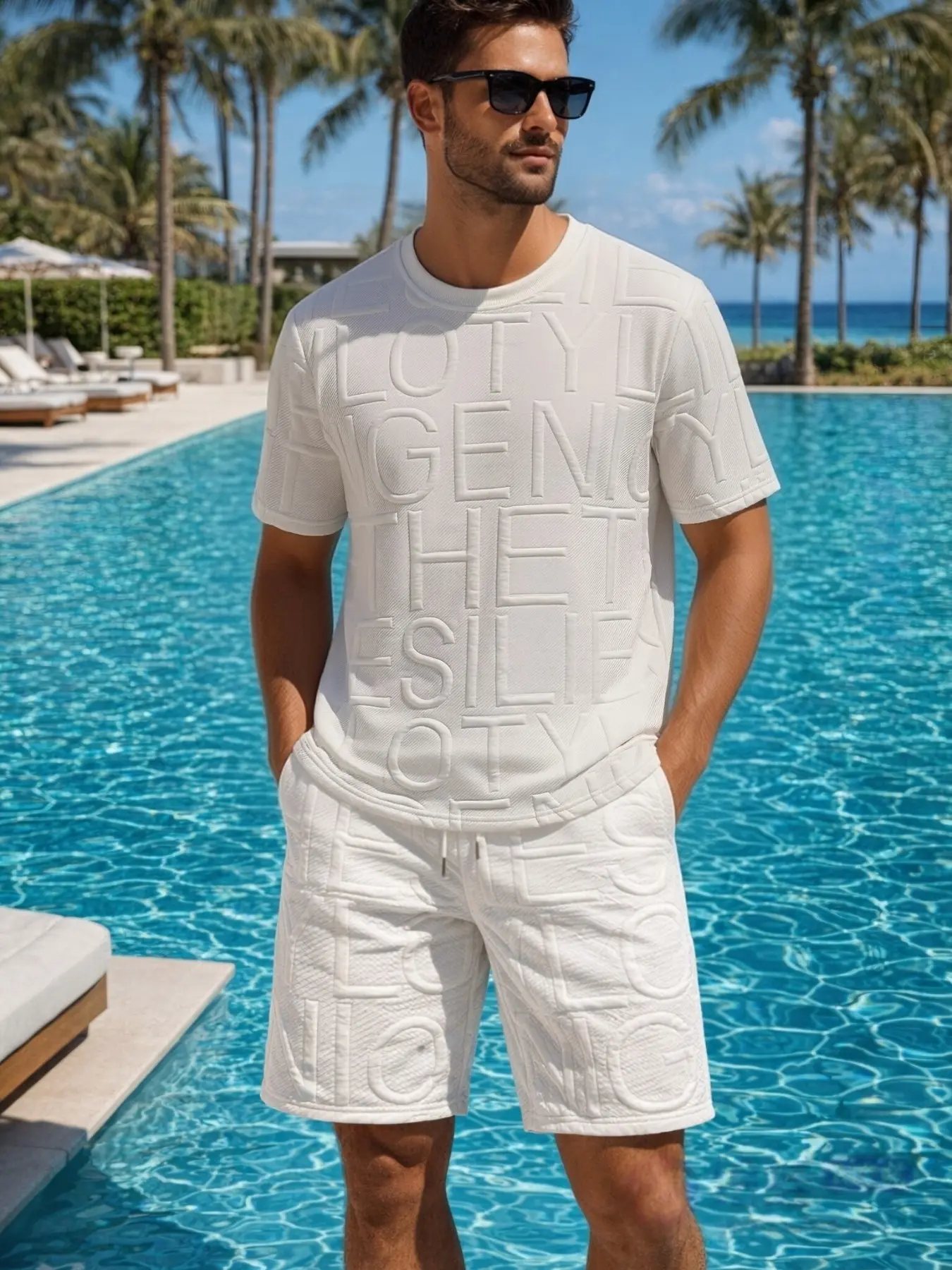 Men's 2-Piece Set, Letter Print Short Sleeve T-Shirt & Drawstring Shorts, Breathable Loose Fit, Beach Vacation Poolside Casual Wear