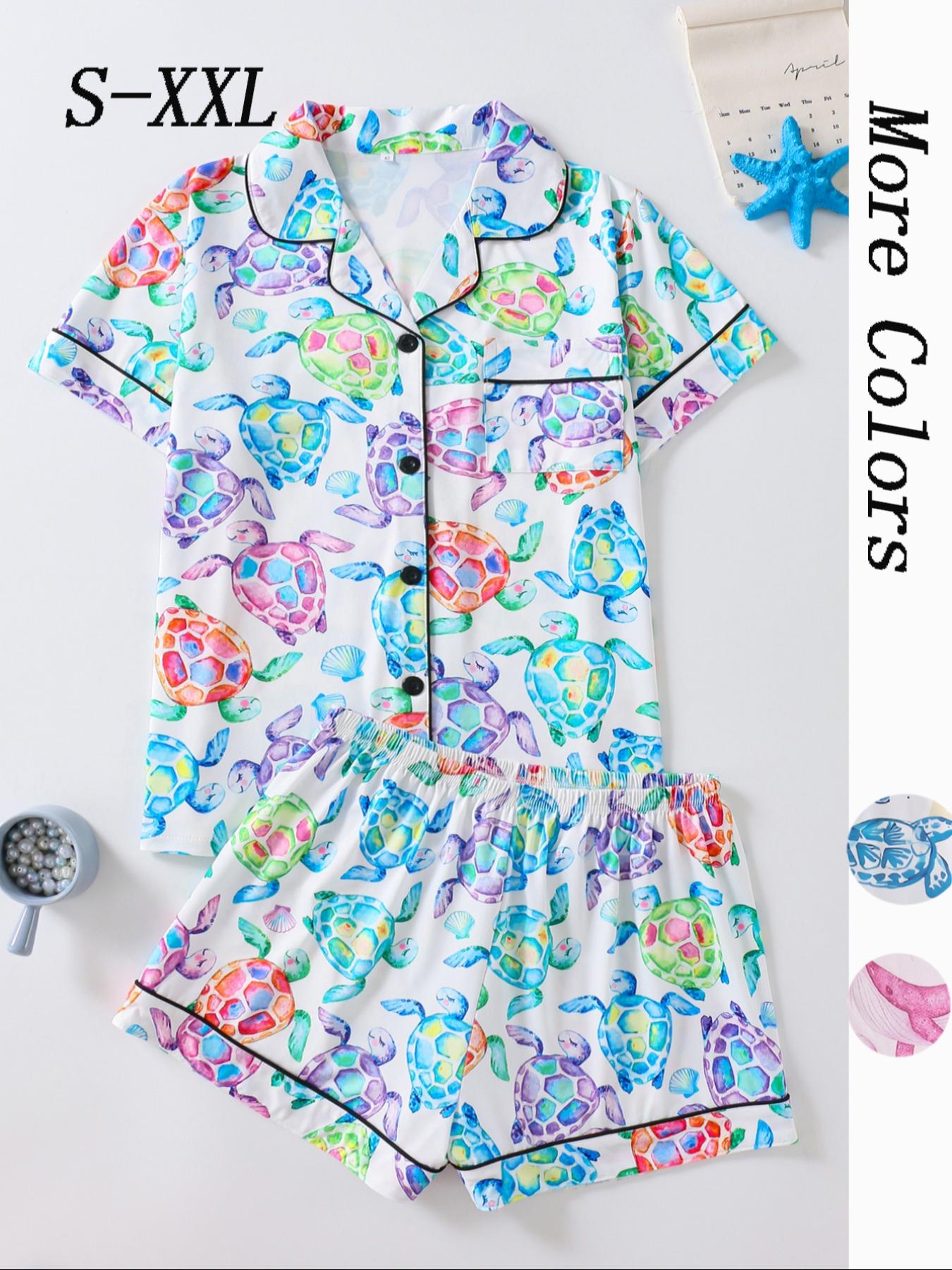 Women's Turtle Print Shirt & Shorts Pajama Two-piece Set, Casual Comfy Short Sleeve Top & Shorts Pajama Set, Ladies Summer Sleepwear & Loungewear