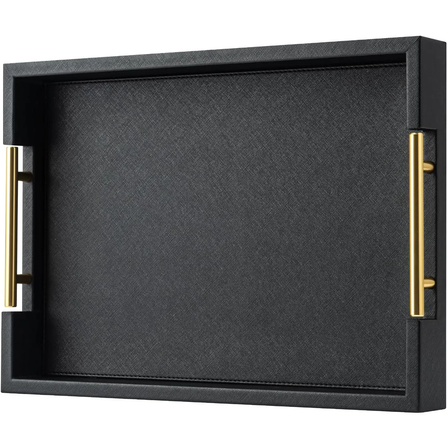 Black Rectangle Serving Tray with  Handles for Party,Large  Decorative Tray for Ottoman,Faux Leather Coffee Table Tray Decor