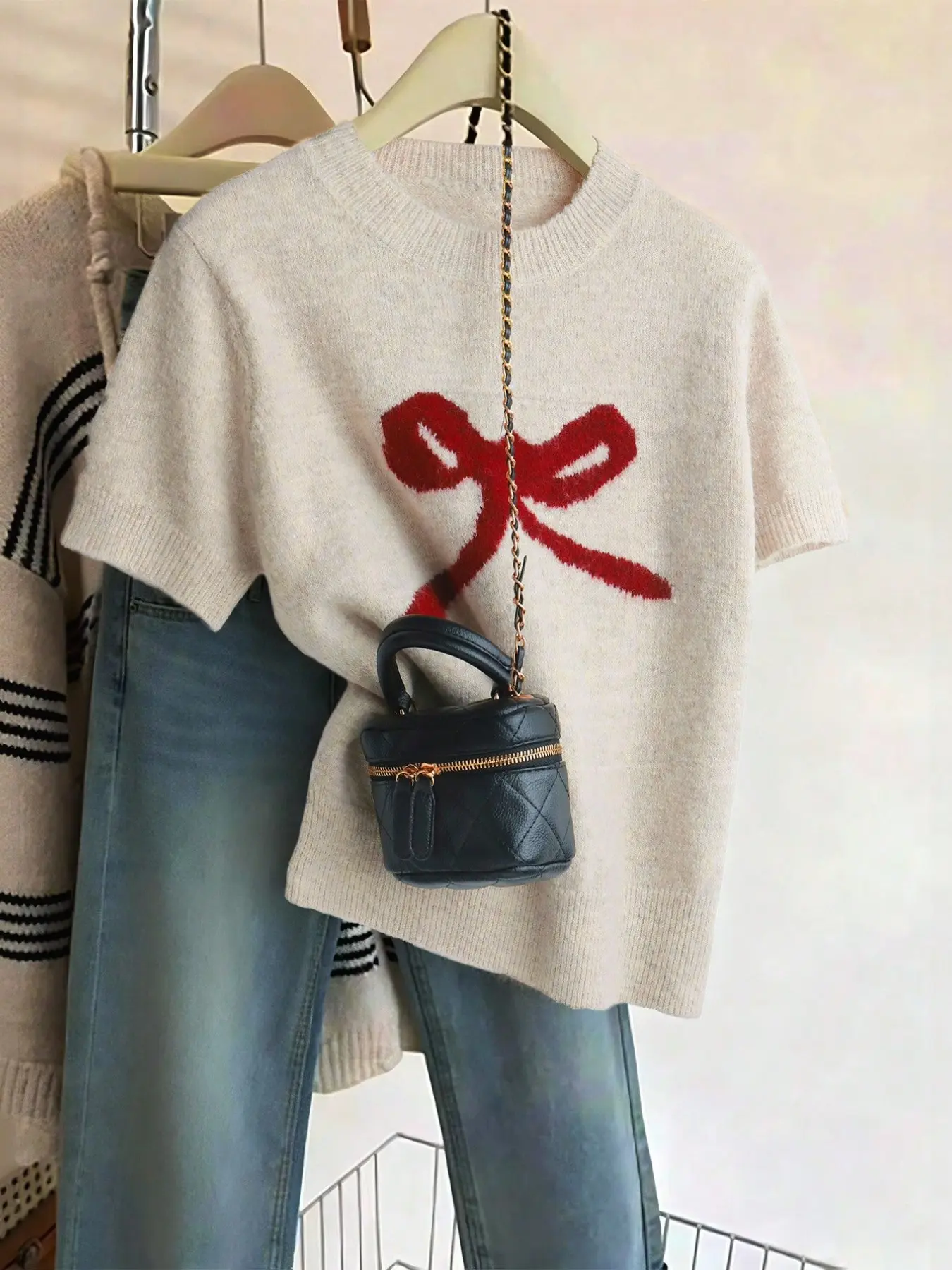 Women's Soft Bow Knit Short Sleeve Top, Casual Daily Wear, Fall Winter Layering Piece, Sweet Minimalist Style