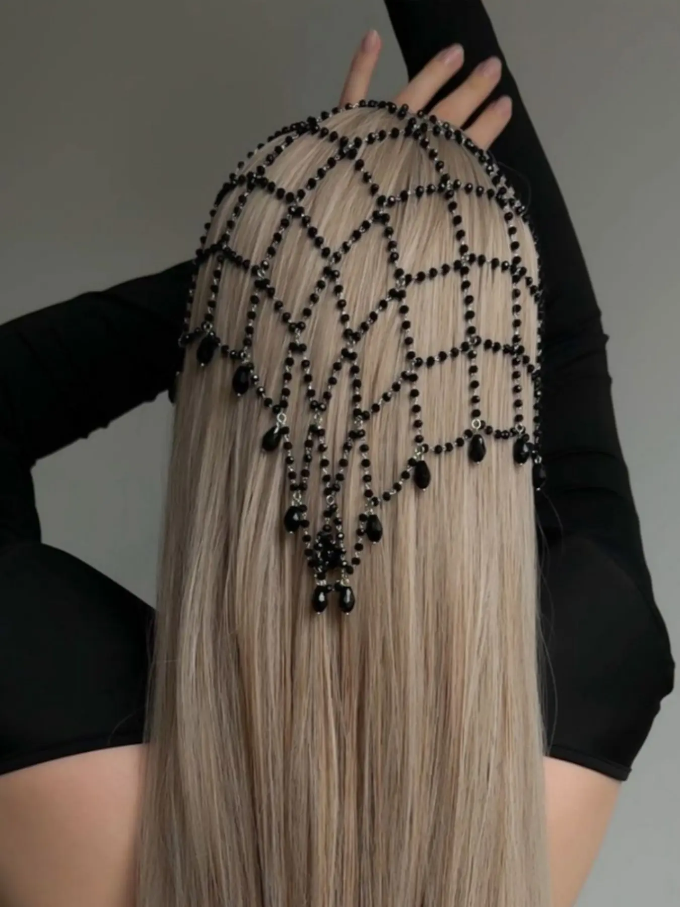 Water Drop Hair Chain Unique Design Mesh Headband, Retro Influencer Bead Hair Accessory, Stylish and Trendy Hair Decor