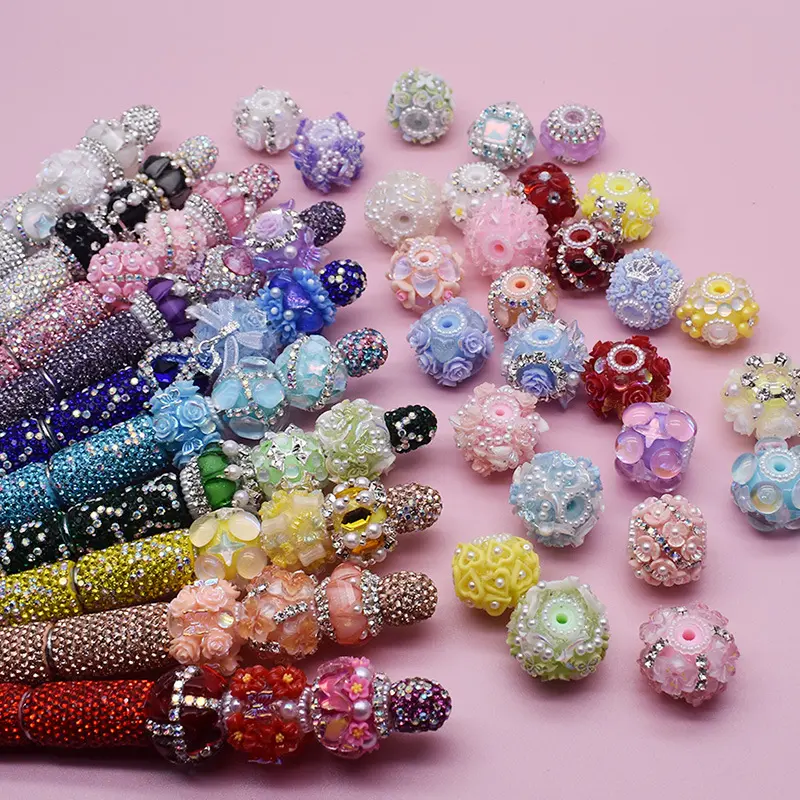 20pcs Acrylic Rose Flower Tray Beads with Diamonds Through Hole Beads Beaded Bracelet Item Keychain Additions