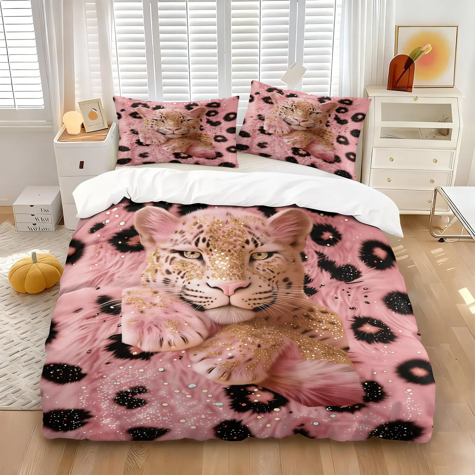 Pink Golden Glitter Leopard Print Duvet Cover Set, 1 Duvet & 1-2 Coreless Pillowcases, Luxury Sparkle Leopard Spot Print Bedding All Size, Soft Breathable All Seasons Bed Set, Teen Girl Bedroom Decor Bedding Set