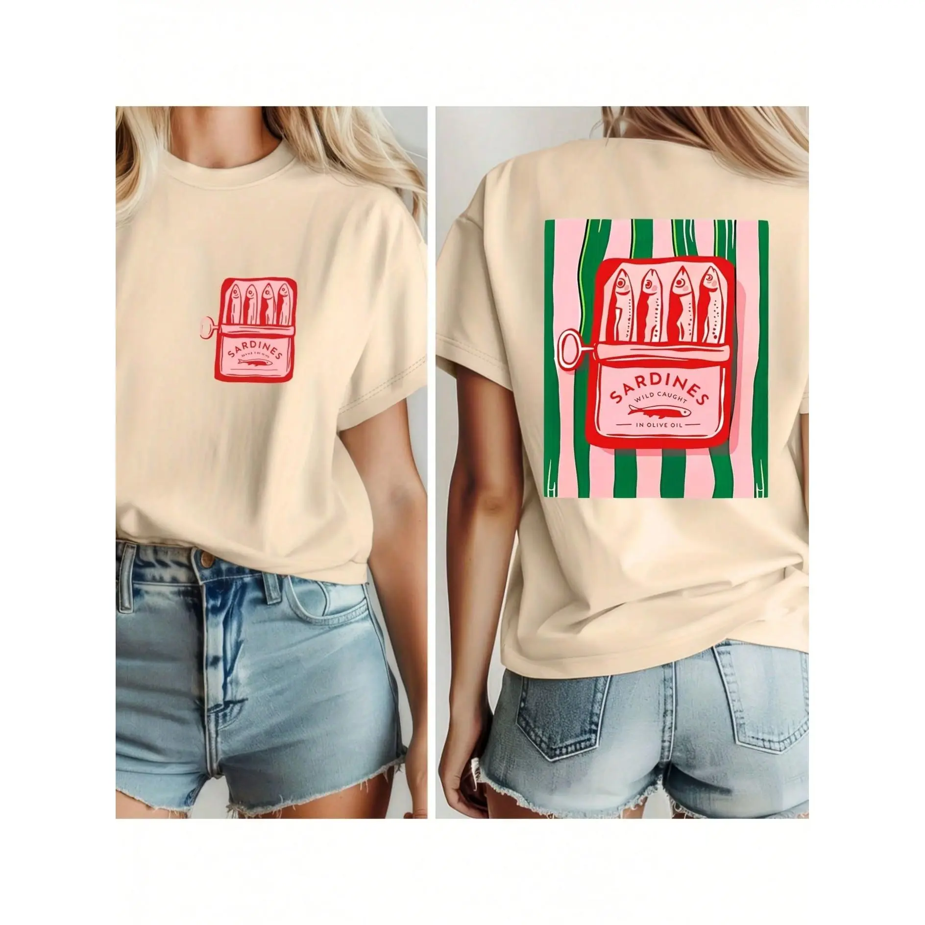 Women's Short-Sleeve T-Shirt With Fun Canned Sardine Print On Both Sides, Round Neck, Machine Washable, Comfortable, Soft, Breathable, Suitable For
