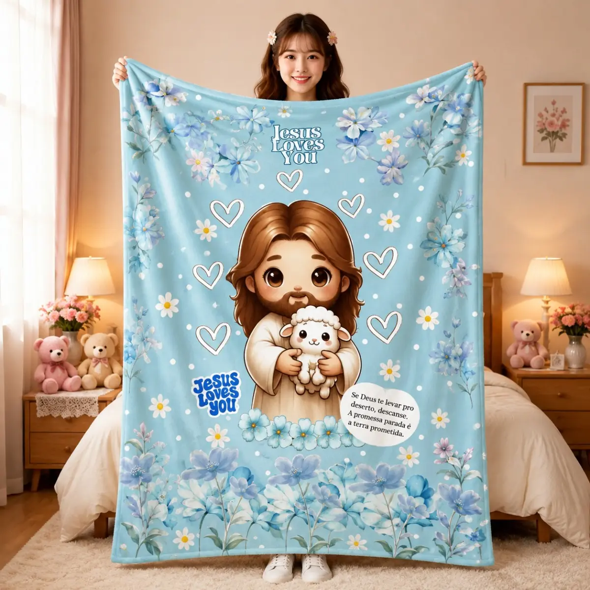 Cute Cartoon Jesus Lamb Blue Floral Flannel Throw Blanket, Jesus Loves You Faith Print, Soft Lightweight Cozy Blanket for Bedroom Sofa, Meaningful Religious Gift for Baptism Easter