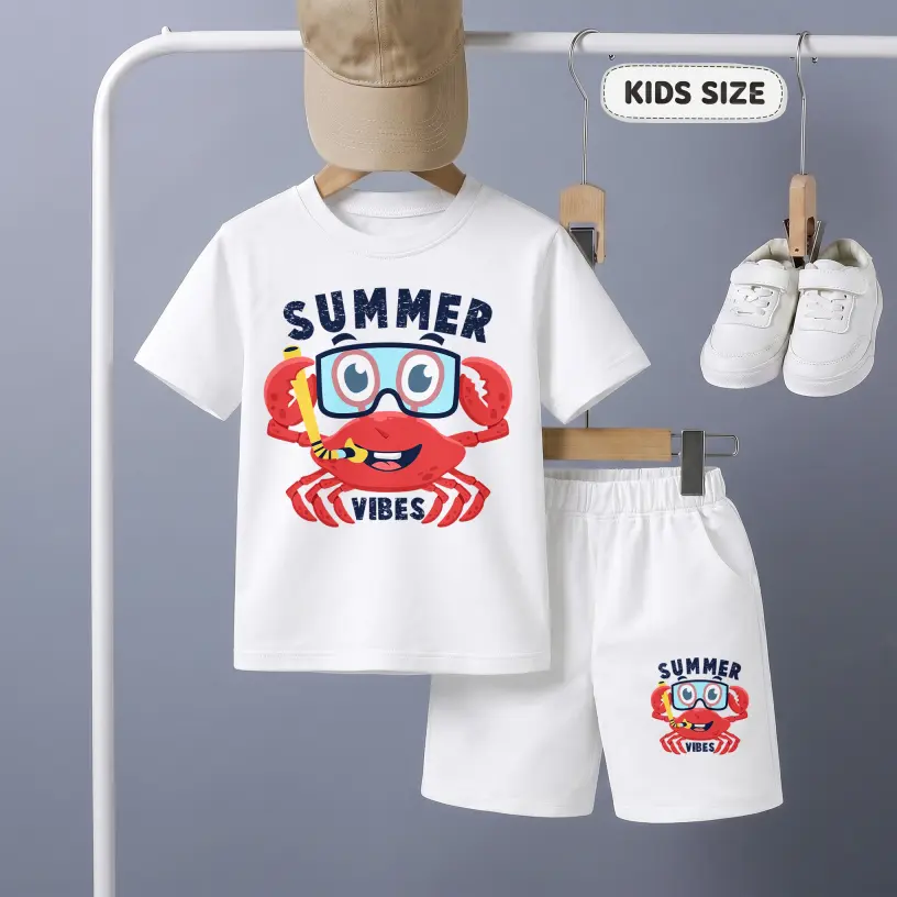 Boys' Scuba Crab Graphic 2-Piece Outfit - Breathable Soft Short Sleeve T-Shirt + Elastic Waist Shorts, Kids Outdoor Play Casual Crew Neck Activewear for Daily Wear, Vacation, Set, Soft And Skin-Friendly