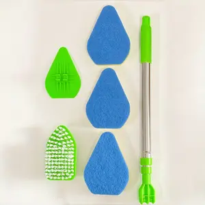 Long Handle Powerful Cleaning Brush 35 Inch - Retractable Floor Cleaning Brush with 1 hard bristle brush and 3 sponge brushes, lightweight removable kitchen brush with adjustable weight for wall showers, bathrooms, bathtubs, tile areas.