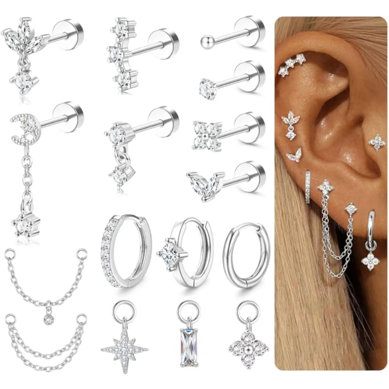 ORAZIO 16 Gauge Cartilage Earrings for Women Flat Back-Hypoallergenic 316L Surgical Steel Silver Gold Stud Hoop Cartilage Earring Stack Set Daith Conch Tragus Helix Piercing Jewelry Single PC