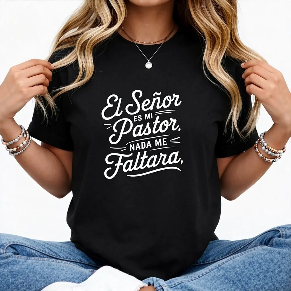 Menswear Oversized Vintage Short-Sleeve Tee - Unisex Spanish Inspirational Quote "El Senor Es Mi Pastor Nada Me Faltara", Round Neck, Casual, Fitted Streetwear T-Shirt