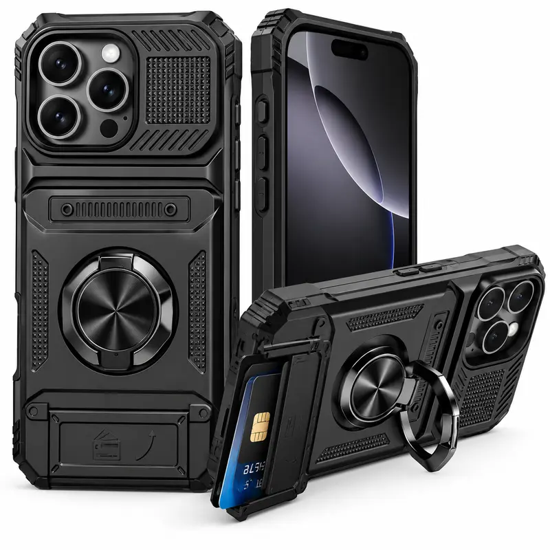 Heavy-Duty Magnetic Snap Fit Smartphone Case - Casing Cover for iPhone 11,13,14,15,16,17,18 Pro Max Plus Handheld Cellphone Devices with Card Slots, Stand, Durable Shockproof Plastic Protection