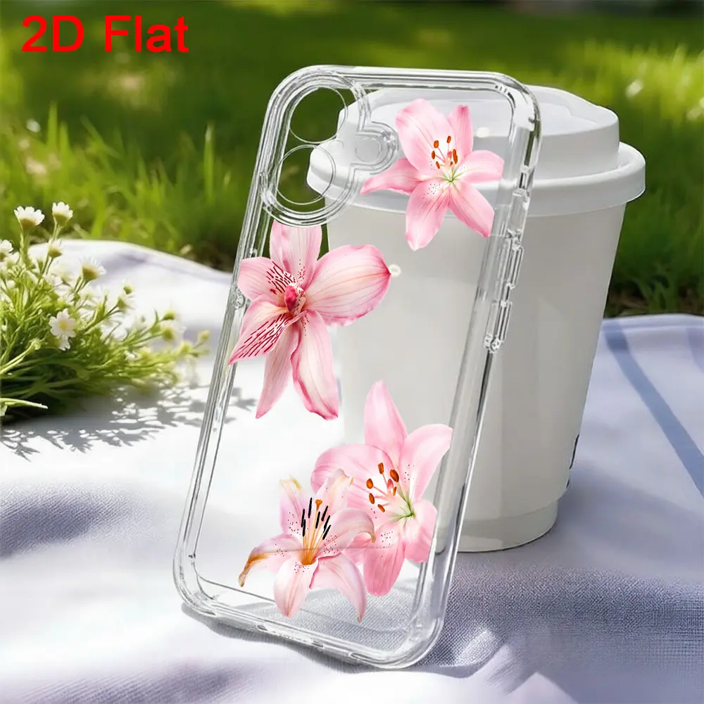 2D Flat Phone case suitable for iPhone 17 16e 16 15 14 13 12 11 Mini Pro Max Air X XR XSMAX 8 7 Plus Pink Lily Flower Design Elegant Phone Case Cover for iPhone Samsung Huawei Xiaomi LG Motorola Sony HTC Blackberry OnePlus Google Pixel Vivo Oppo Real