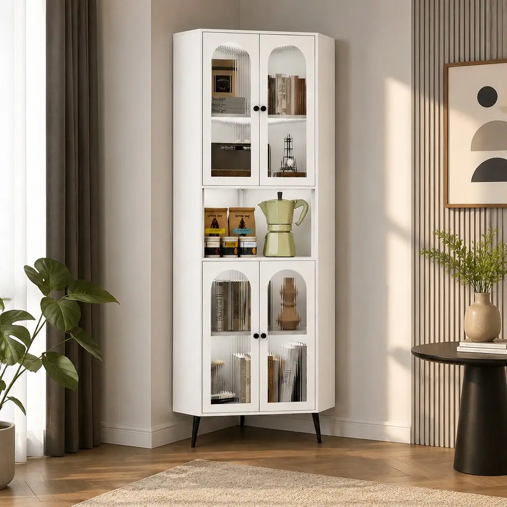 73-Inch White Steel Corner Cupboard Cabinet, Adjustable Shelves, Space-Saving Storage for Living Room, Bedroom, Home Office, 18.5"W x 28.74"D x 72.83"H