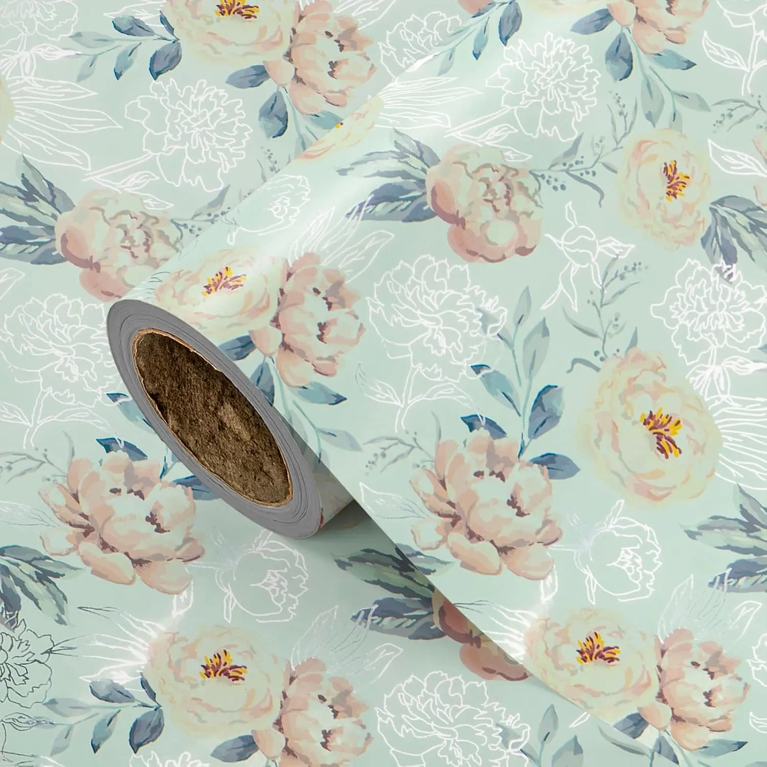 Floral Wedding Wrapping Paper Roll, Mint Green Watercolor Flower  Wrap Paper for Wedding, Bridal Shower, Birthday, Mother’s Day, Anniversary, 17 in x 9.8 ft