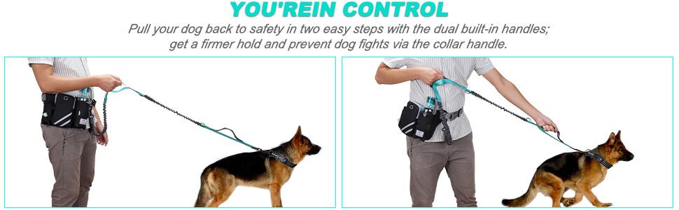 Retractable Hands Free Dog Leash with Dual Bungees for 2 Dogs, Adjustable Waist Belt Fanny Pack, Reflective Stitching Leash for Running Walking Hiking Jogging Biking Black bungee  leashes