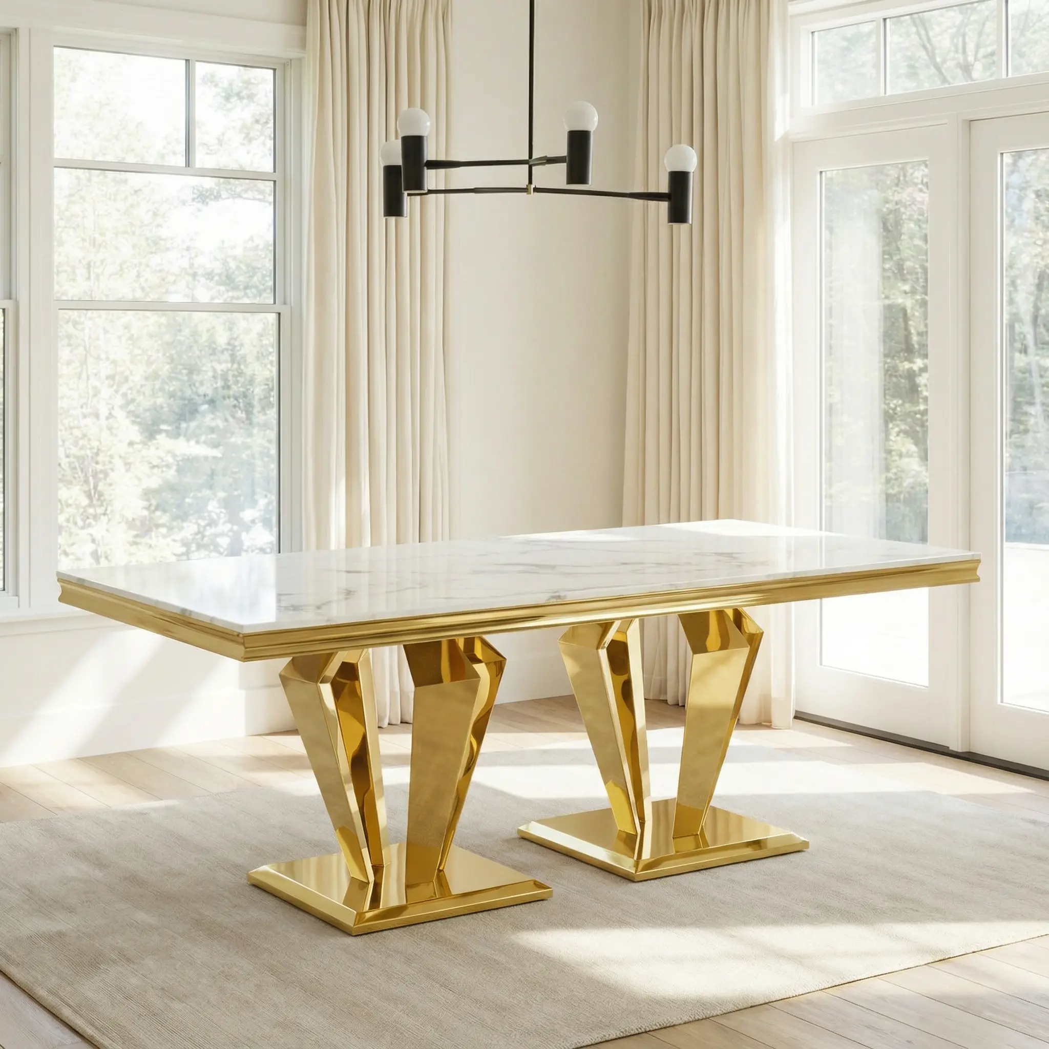 ARCH Modern MDF Marble Top Dining Table for 6, 66.9" Large Rectangular Table with Diamond-Shaped Polished Stainless Steel Base, White and Gold Finish, 0.78" Thick Tabletop, Sturdy Metal Legs, Elegant Dining Room Furniture for Family Gatherings