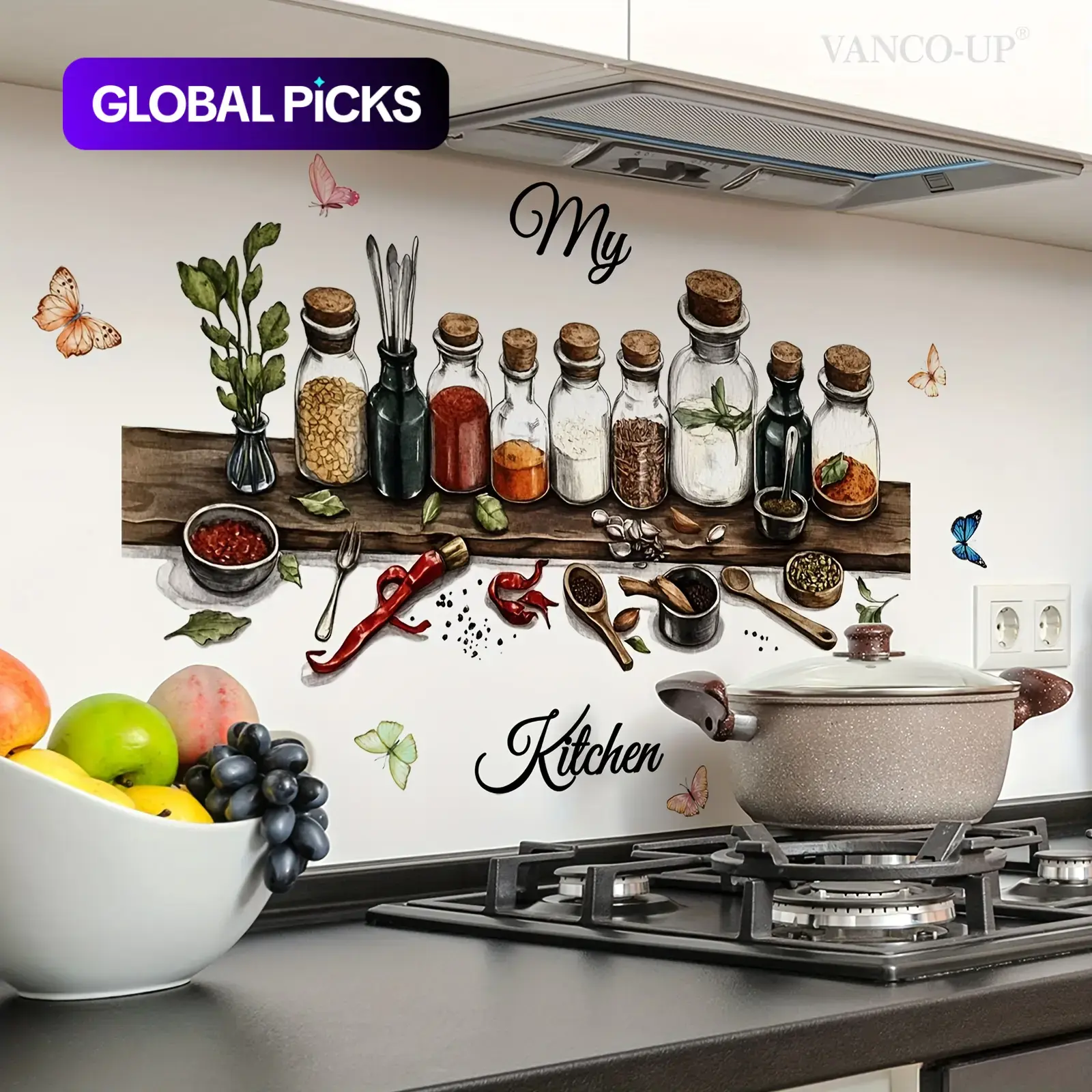 Self-Adhesive Kitchen Wall Sticker, 2D Seasoning Bottle and Butterfly Decal, Adhesive Decals, Decorative Wall Art for Home Kitchen, 30x90cm (M18091) #GLOBAL PICKS