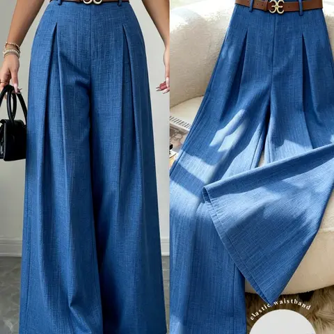 Elegant High-Waisted Wide-Leg Pants for Spring Summer Fall, Loose-Fit Office Casual Long Trousers, Elastic Waist Women's Jeans Without Belt, Elasticity High Waist