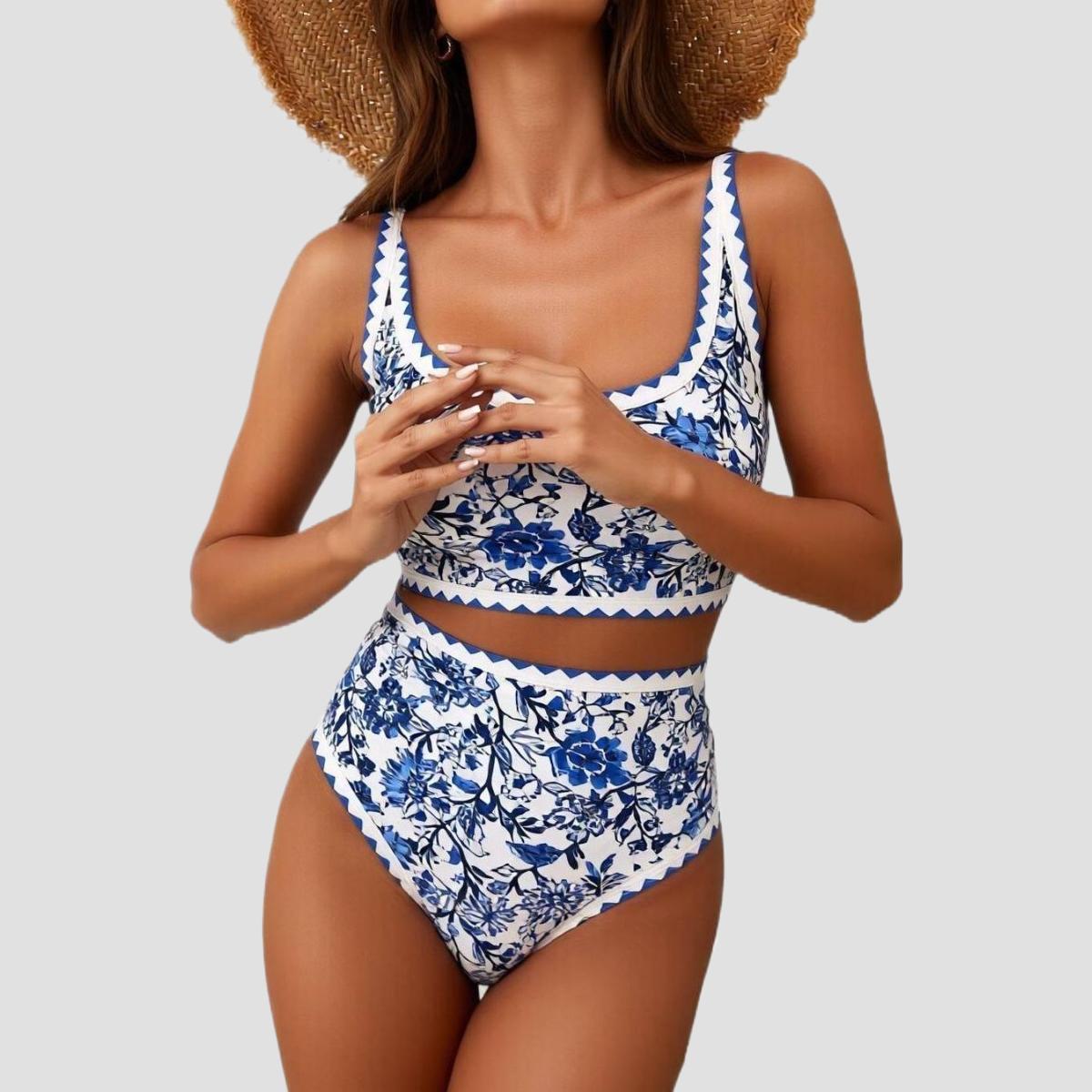 Women's Fashion Two-Piece Set High-Waisted Floral Bikini  Slimming with Tummy Control Wide Shoulder Straps Vacation Swimsuit  Perfect for Vacation Photoshoots
