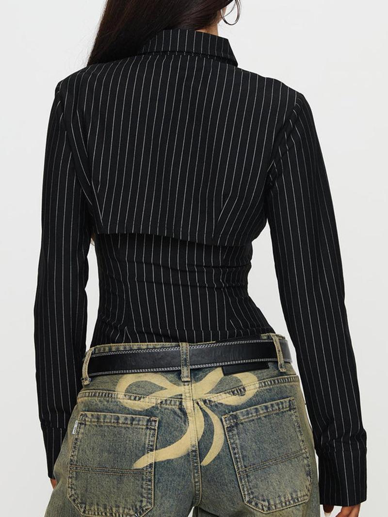 Women's Striped Print Cut Out Shirt, Button Up Shirt, Casual Blouse Shirts, Casual Long Sleeve Collared Top for Spring & Fall, Ladies Clothes for Daily Wear