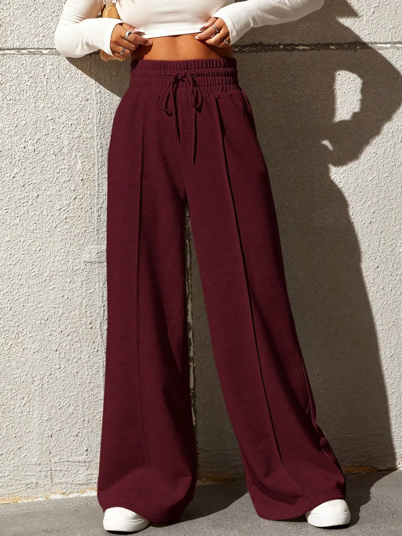 Women’s High-Waisted Drawstring Wide-Leg Sweatpants with Vertical Pintuck Detailing, Comfortable Draped Floor-Length Pants for Fall, Daily Wear, Lounging, Work and Going Out.