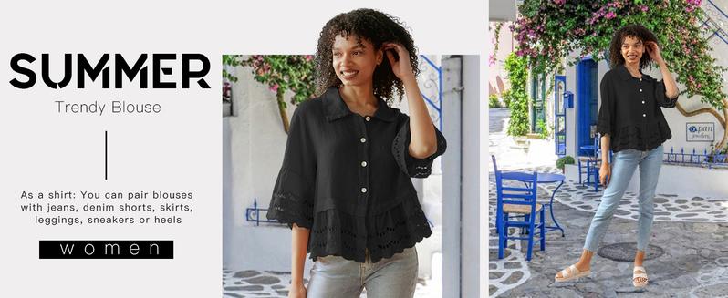 Danedvi Womens Casual Button Up Shirts Trendy Loose Hollow Out Ruffle Hem and 3/4 Sleeve Blouse Tops