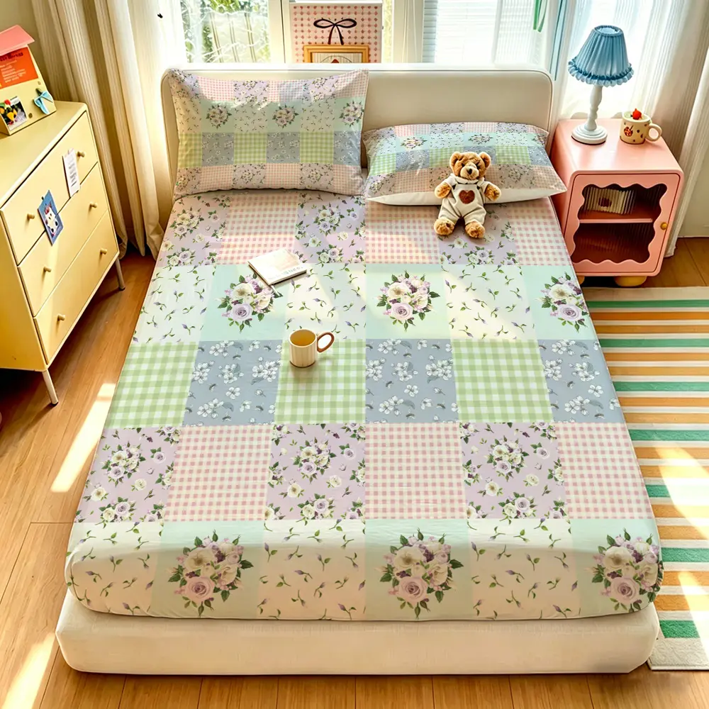 (1 fitted sheet + 2 pillowcases, no filler),Floral patchwork pattern,Polyester fitted sheet 3-piece bedding set, Breathable Sheets, machine washable, anti-shrink & anti-deform, durable bedding supplies for bedroom and dormitory