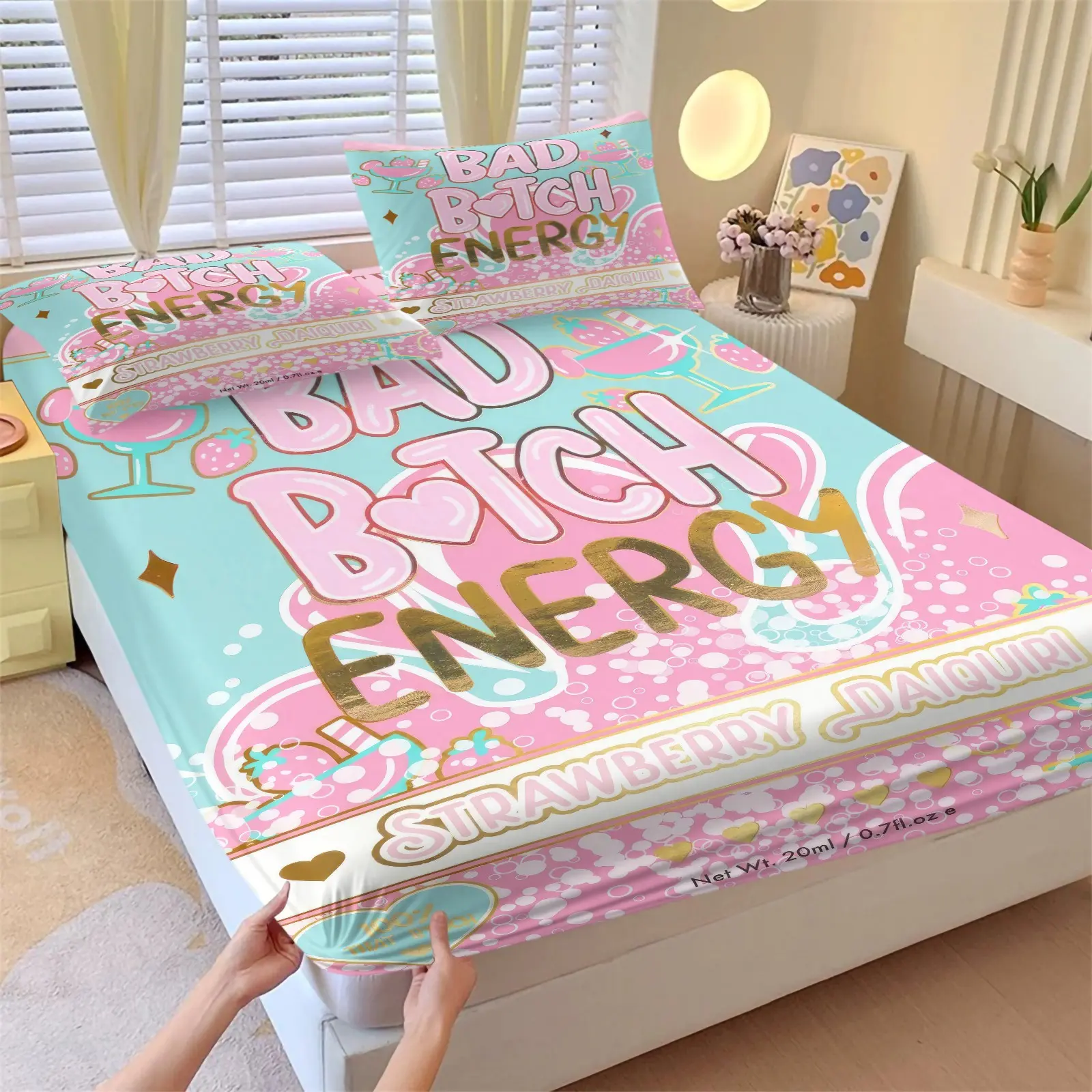 Y2K Aesthetic Bad Btch Energy Non-Slip Fitted Sheet Set, 1 Fitted Sheet + 2 Pillowcases, Pink Blue Strawberry Cocktail Print, Cozy Microfiber Bed Cover for Trendy Girls Bedroom Decor