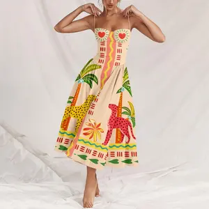Tropical Leopard & Palm Print Strapless Sundress — Featuring Heart-Shaped Bust Cups, a Cinched Waist, and a Flared Hem; a Mid-Length, Resort-Style Dress.