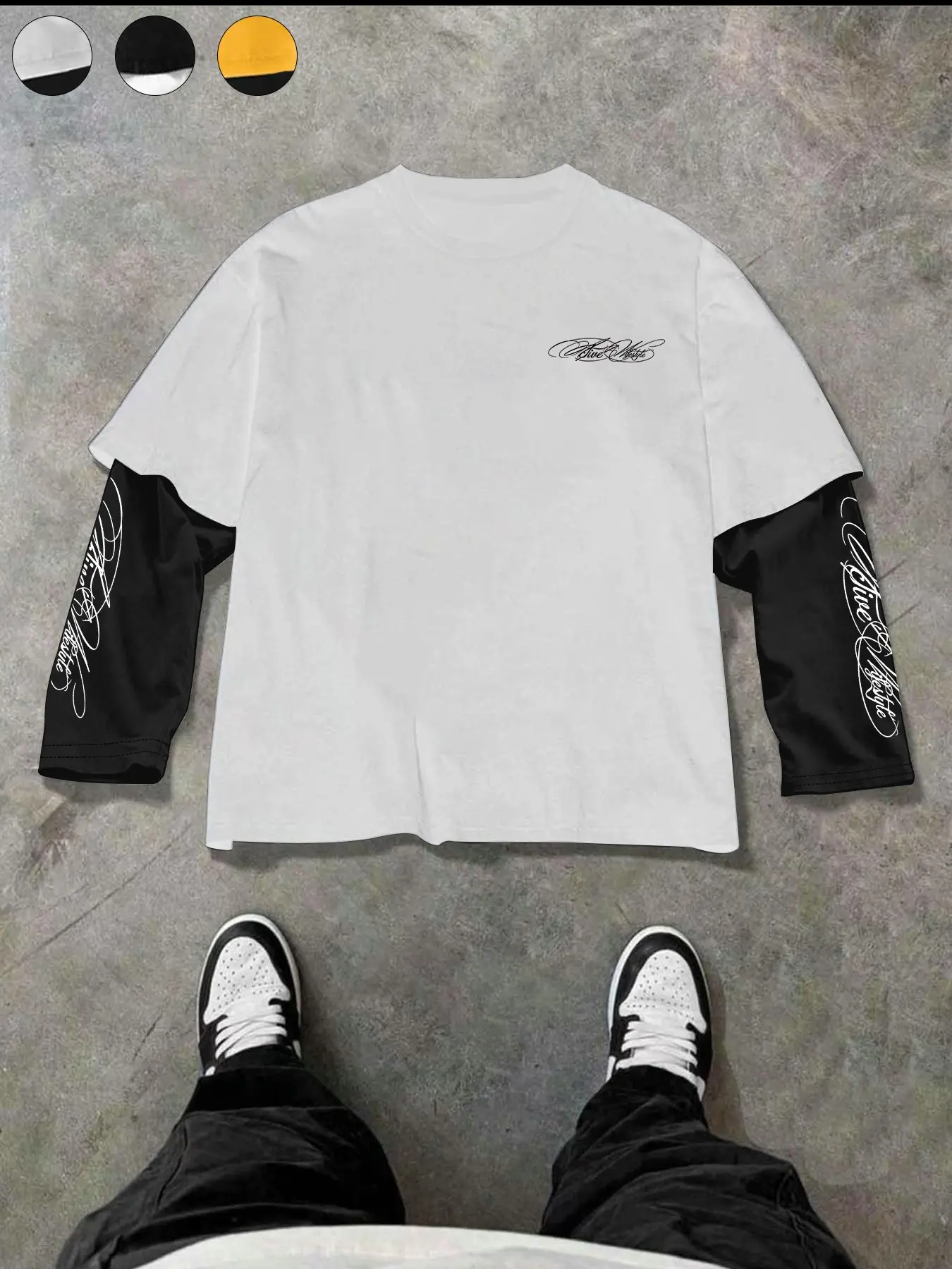 Y2K Hip Hop Style Colorblock Long Sleeve Top, Unisex Fake Double Layer Sleeve Print T-Shirt, Breathable All-Season Streetwear