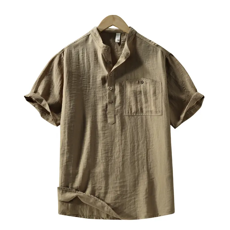 Men's Casual Linen Blend Henley Tops, Plain Khaki Shortsleeve Half-Button Shirt with a Mandarin Collar and Rolled Cuffs, Menswear, Jeans, Stylish, Pocket