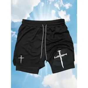 Men'S Stretchy Cross Print 2-in-1 Athletic Shorts-Breathable Quick-Dry Basketball & Beach Outings Compression And Active Drawstring Shorts for Outdoor