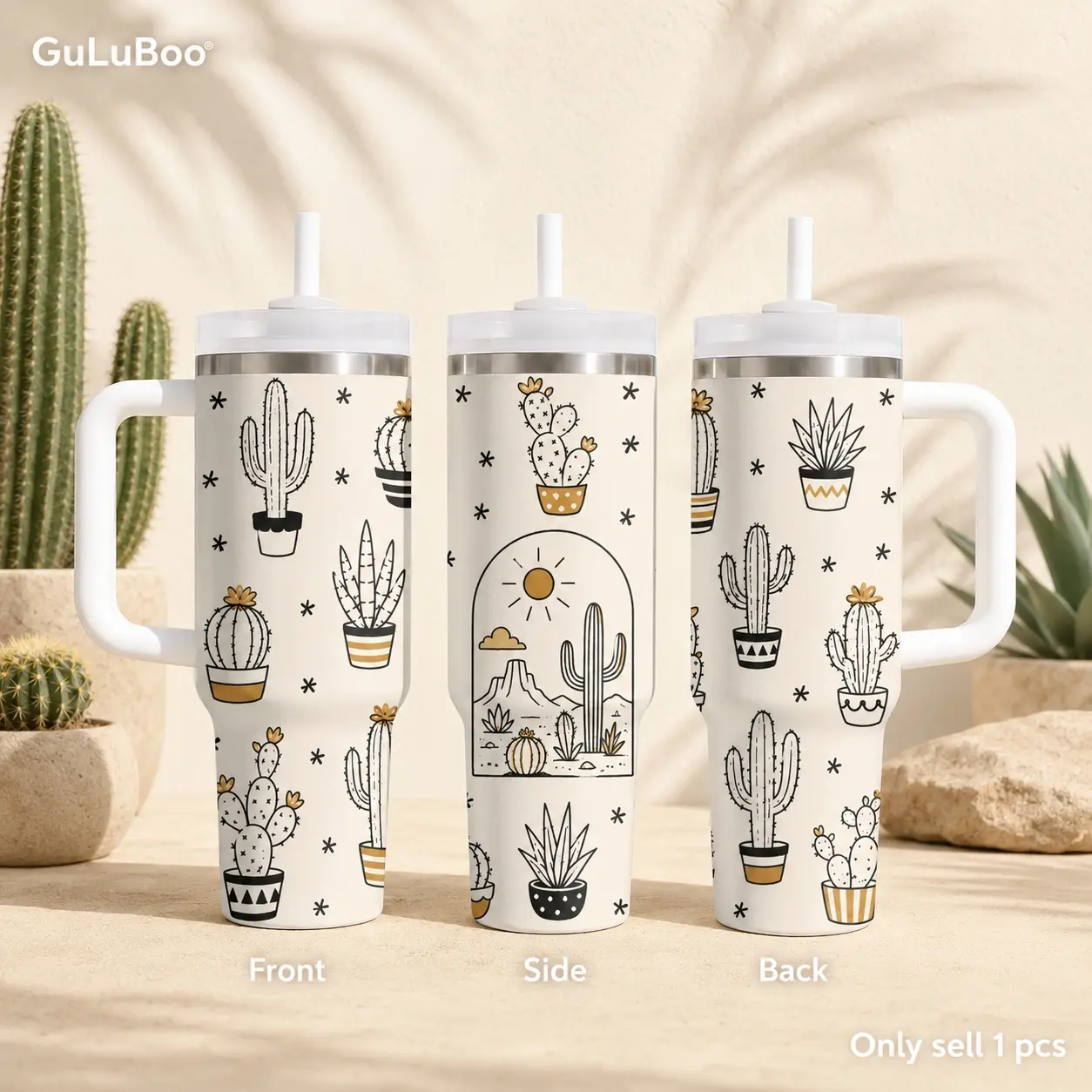 Boho Cactus Plant Collection Vacuum Flasks 40oz Stainless Steel Tumbler with Handle & Straw – Vacuum Insulated Travel Mug, Keeps Drinks Cold Up to 24H, Leak-Resistant Cup for Iced Coffee, Water, Gym, Office & Travel
