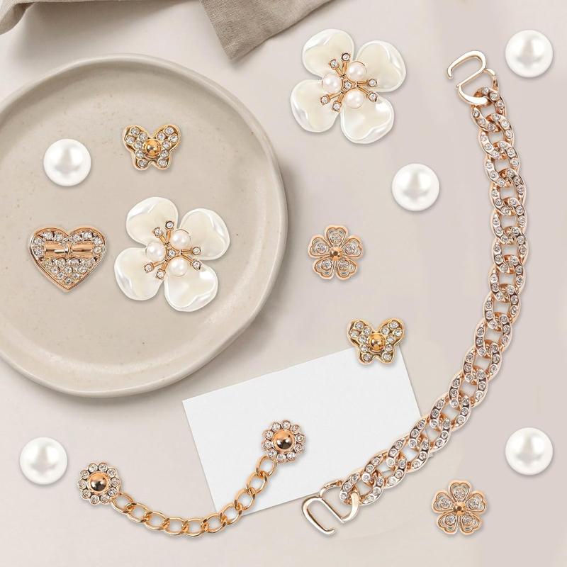 18 Pcs Bling Shoe Charms Bling Chain Shoes Charms Accessories for Women Pearl Flower Clog Shoes Decoration Crystal Rhinestone Shoe Charm Cute Decor for Party Birthday for Her