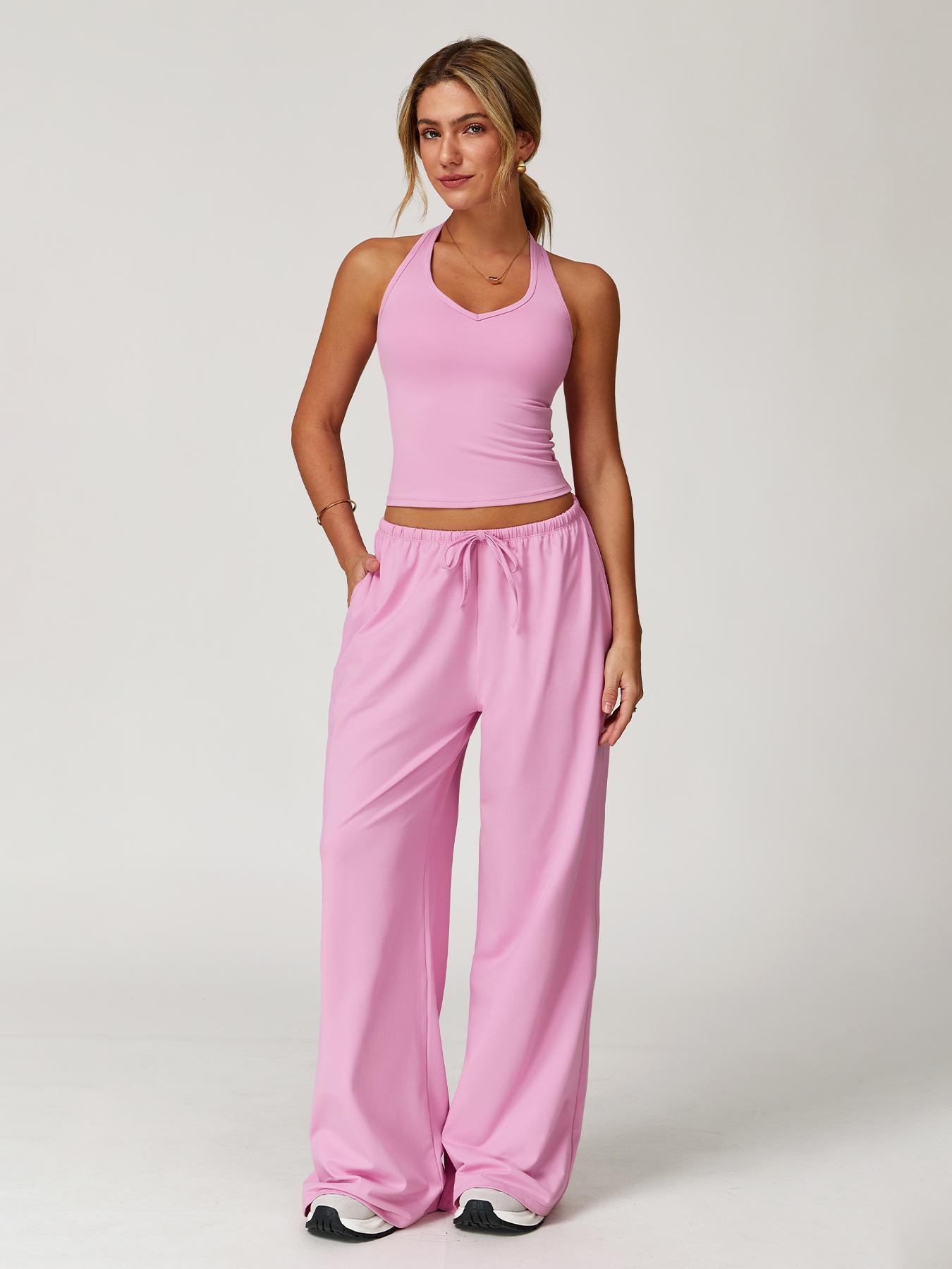 Women's Solid Halter Neck Top & Wide-Leg Pants Sports Set, Casual Sleeveless Top & Pants for Daily Outdoor Wear, Ladies Activewear Set for Tennis and Running, Workout Clothes, Breathable Activewear, Yoga Gym Outfits