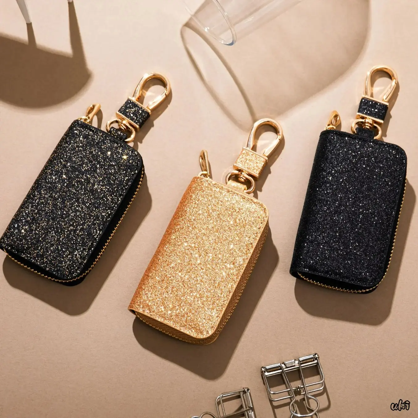 Unisex Mini PU Leather Car Key Storage Case, Portable Key Holder Bag With Sparkling Star Pendant Keychain, Creative Compact Protective Key Accessory For Daily Carry