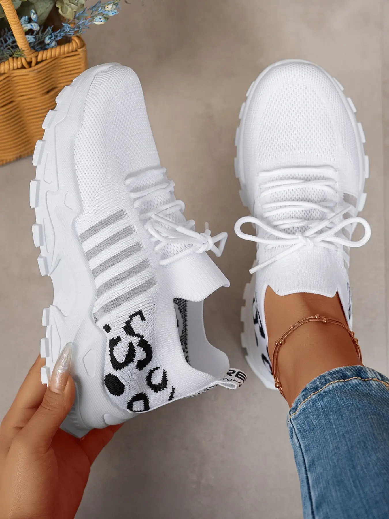 Women's Leopard Print Knit Lace-Up Thick Soled Sneakers, Striped Mesh Chunky Platform Casual Shoes for Streetwear & Daily Activities