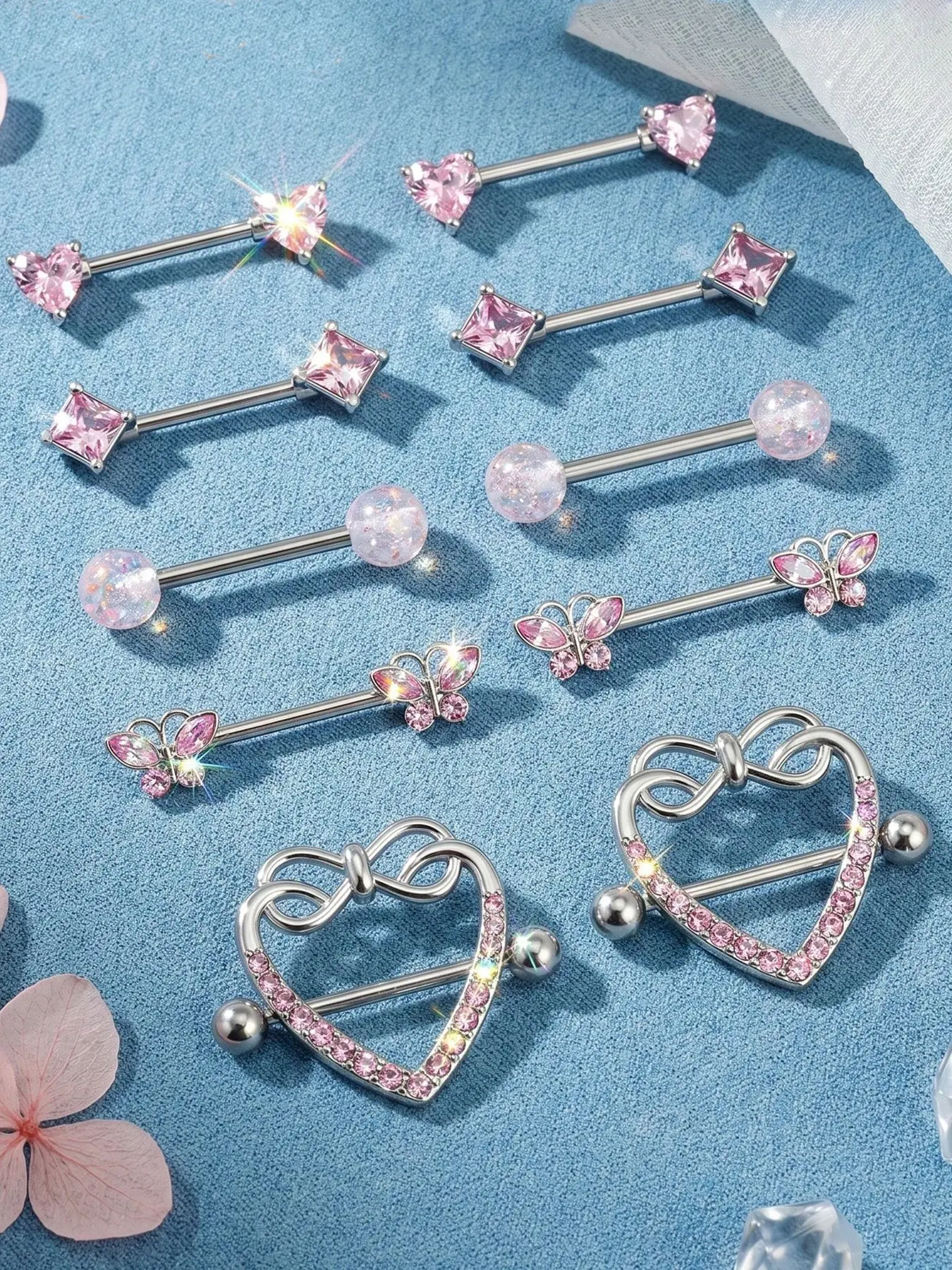 5 Pairs 14G Nipple Rings Stainless Steel Heart Butterfly Bow Opal Flower CZ Stud Barbell Set Cute Nipplerings Shields Piercing Jewelry for Women Pink Blue Red Tone Fashion Body Jewelry