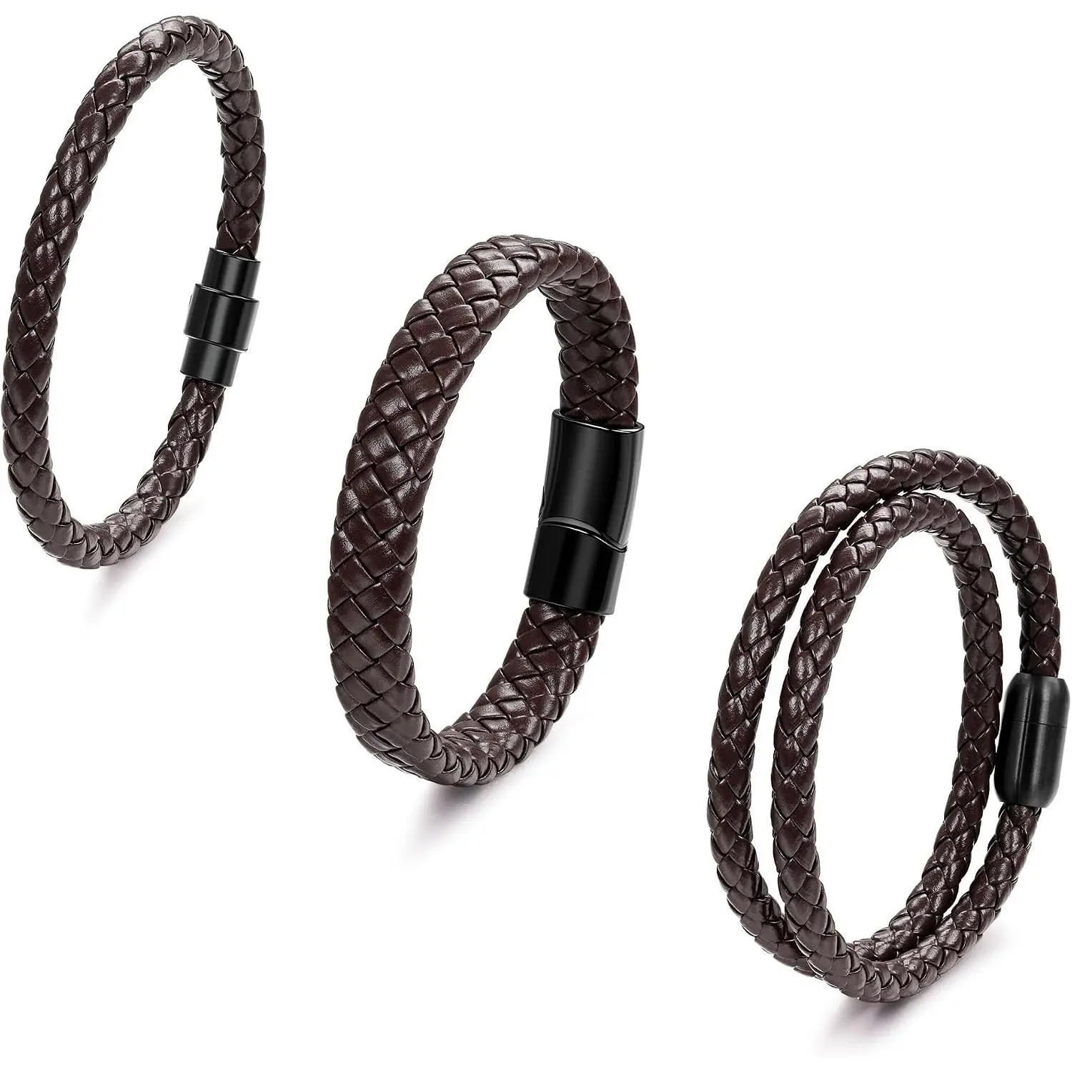 3 count Genuine Italian Braided Leather for Men Women Leather Wrist Cuff Bracelets Black Brown Stainless Steel Clasp Wrap Wristband 7.5-9 Inches