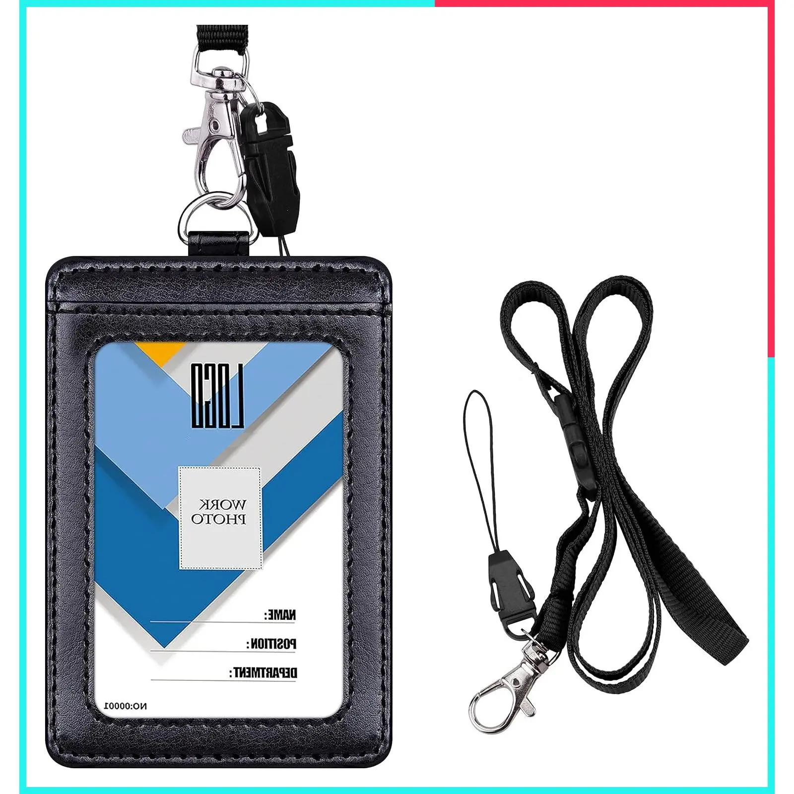 Leather 2-Sided Vertical ID Badge Holder with Lanyard, Black | 1 Name Tag Window, 22 Inch Detachable Heavy Duty Neck Strap, 1 Credit Card Protector Slot for Work, School, Cruise