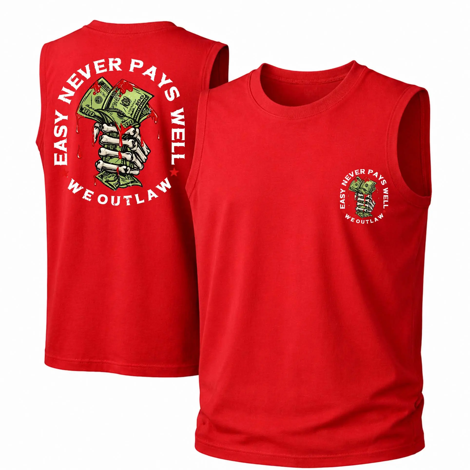 Men's Cotton Sleeveless Tank Top -"Easy Never Pays Well We Outlaw" Printed Style. This Is A Casual Item Suitable For Both Men And Women, Especially Perfect For Spring And Summer; The Cool Print And Classic Crew Neck Cut